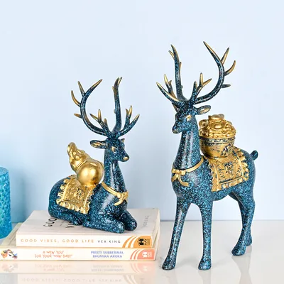 Luxe Gold & Blue Polyresin Swamp Deer Statues (Set of 2)