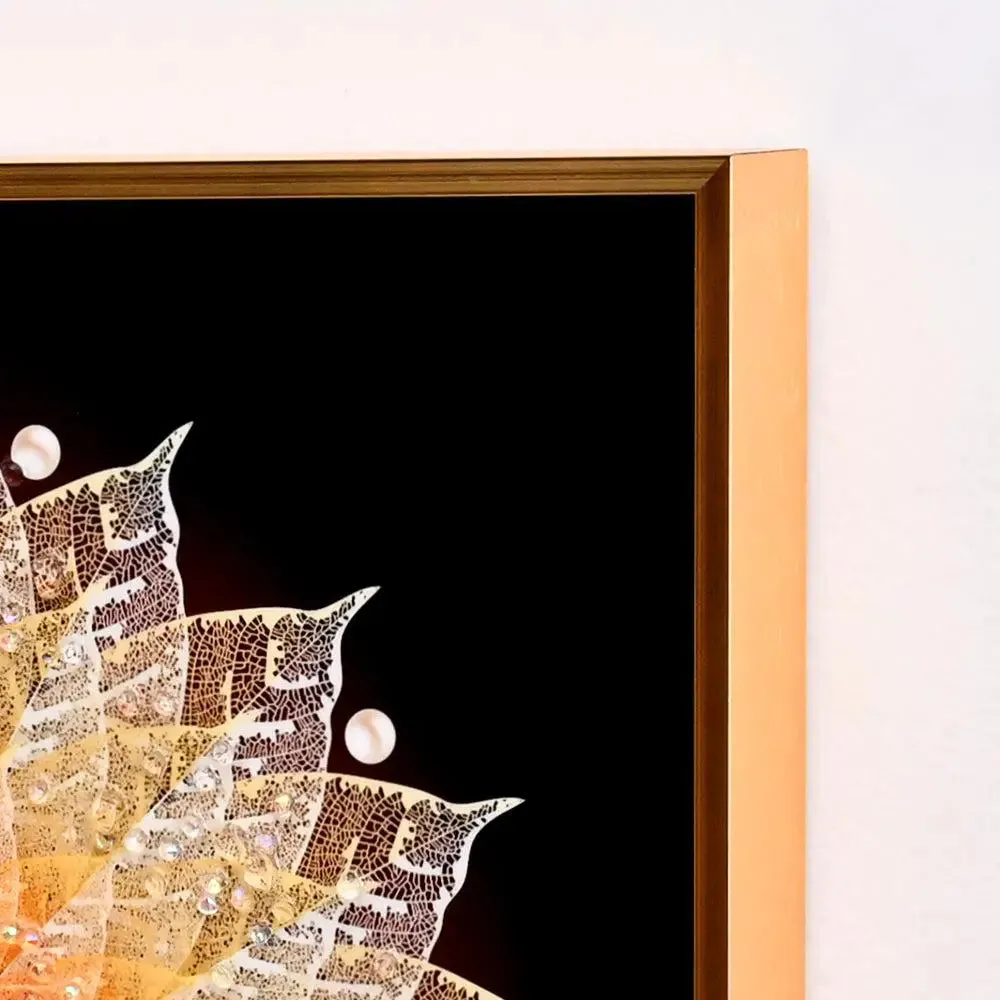 Luxe Leaf Art Crystal Glass Wall Painting- Golden Frame