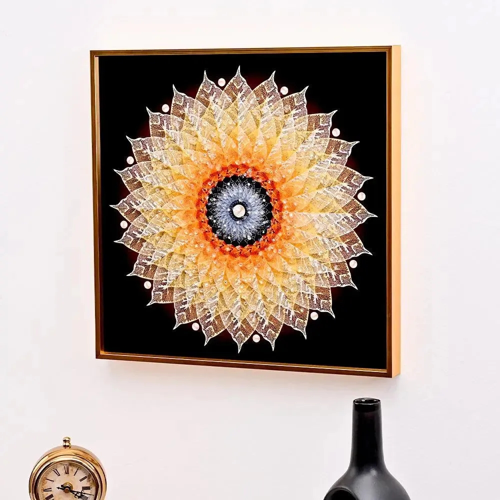 Luxe Leaf Art Crystal Glass Wall Painting- Golden Frame