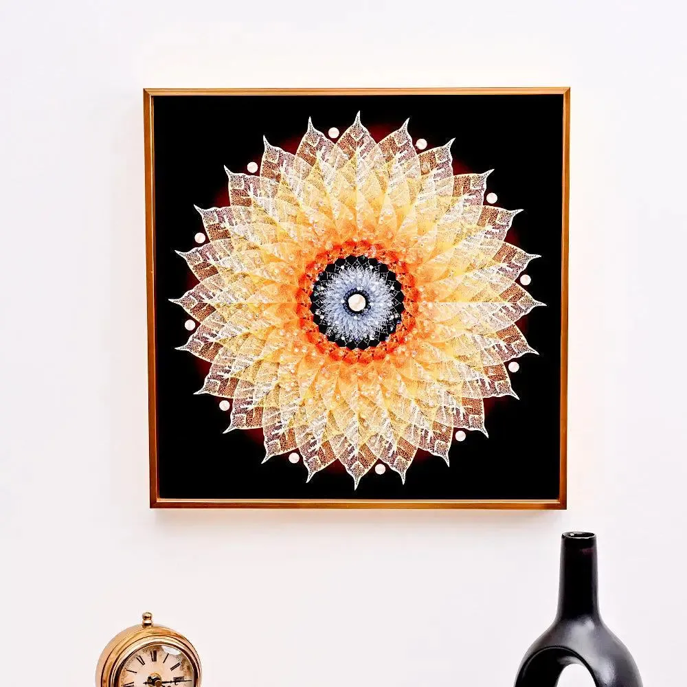 Luxe Leaf Art Crystal Glass Wall Painting- Golden Frame