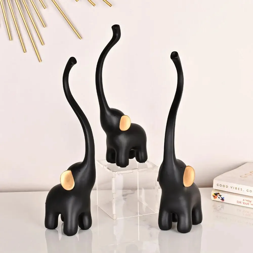 Luxe Long Trunk Black &amp; Gold Elephant Polyresin Figurine (Set of 3) Single Piece