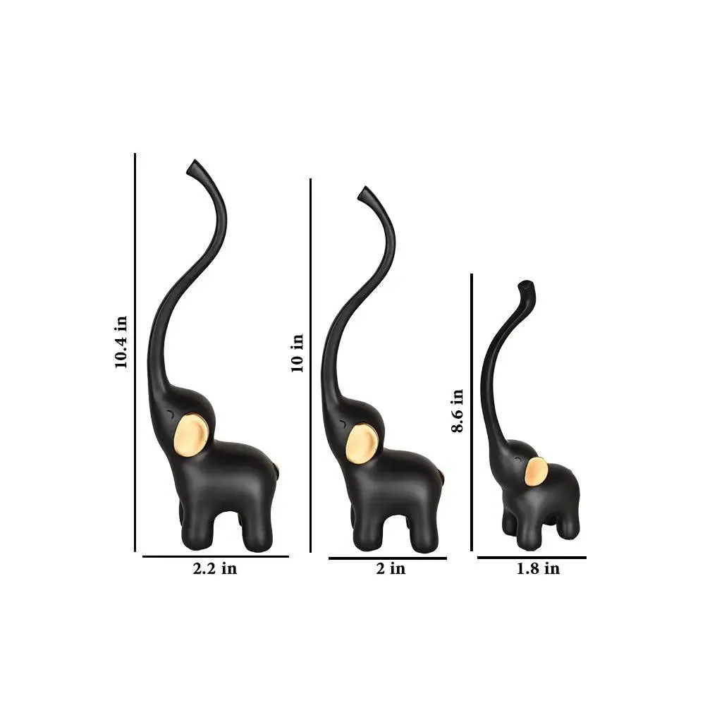 Luxe Long Trunk Black &amp; Gold Elephant Polyresin Figurine (Set of 3) Single Piece
