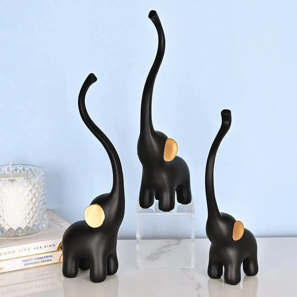 Luxe Long Trunk Black &amp; Gold Elephant Polyresin Figurine (Set of 3) Single Piece