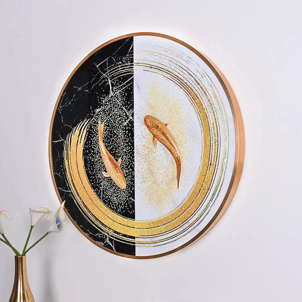 Luxe Yin Yang Cicular Crystal Glass Art Wall Painting- Golden Frame