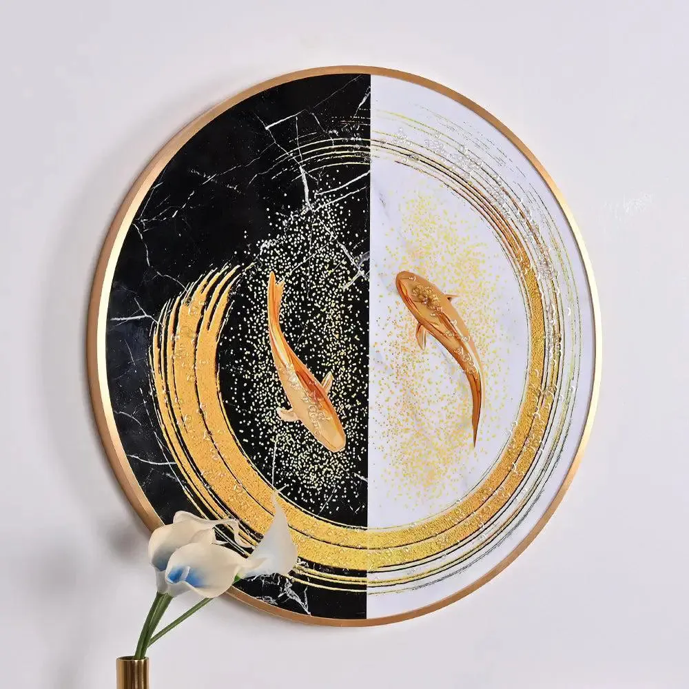 Luxe Yin Yang Cicular Crystal Glass Art Wall Painting- Golden Frame