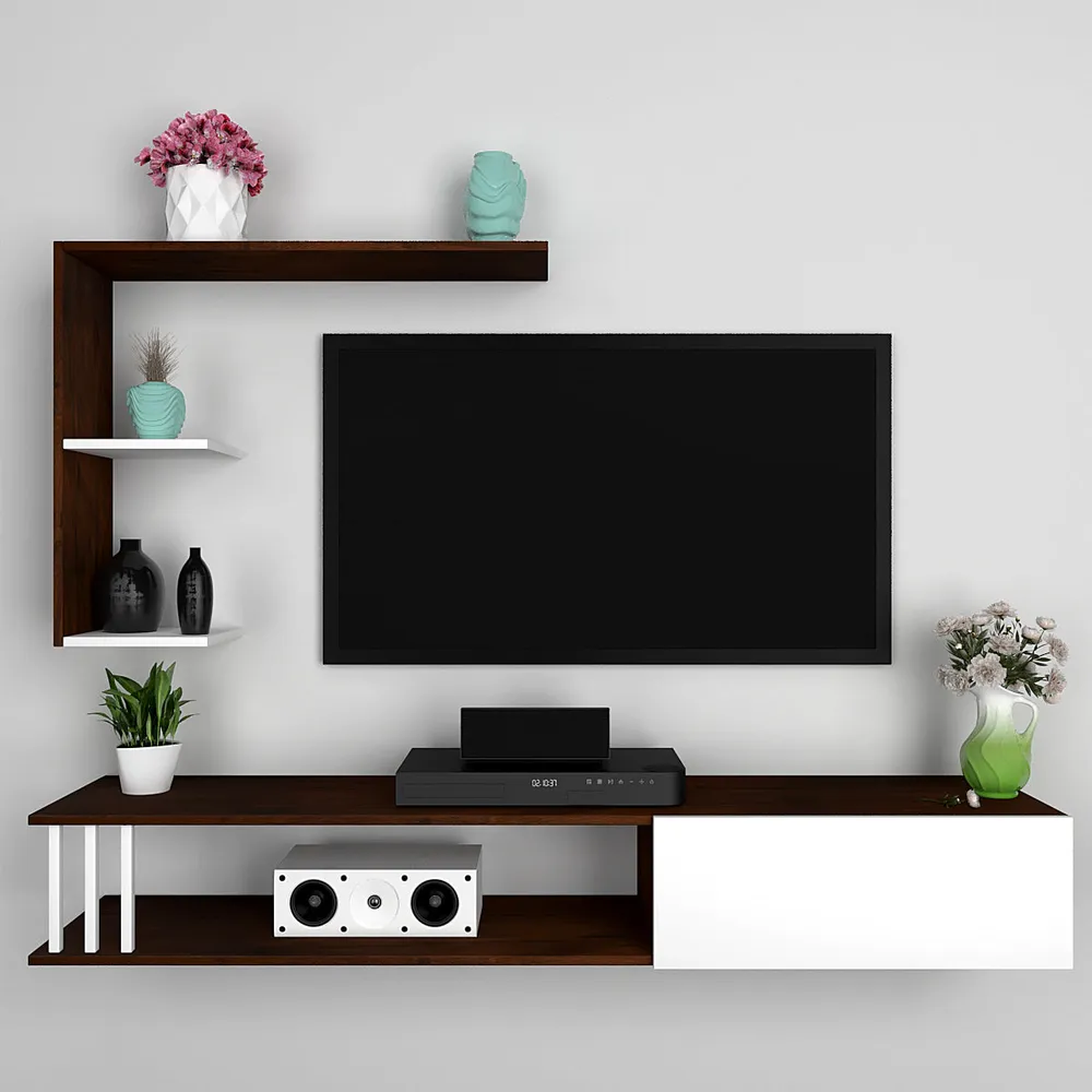 Luxurious African Oak Walnut & White Shelved Wooden TV Unit