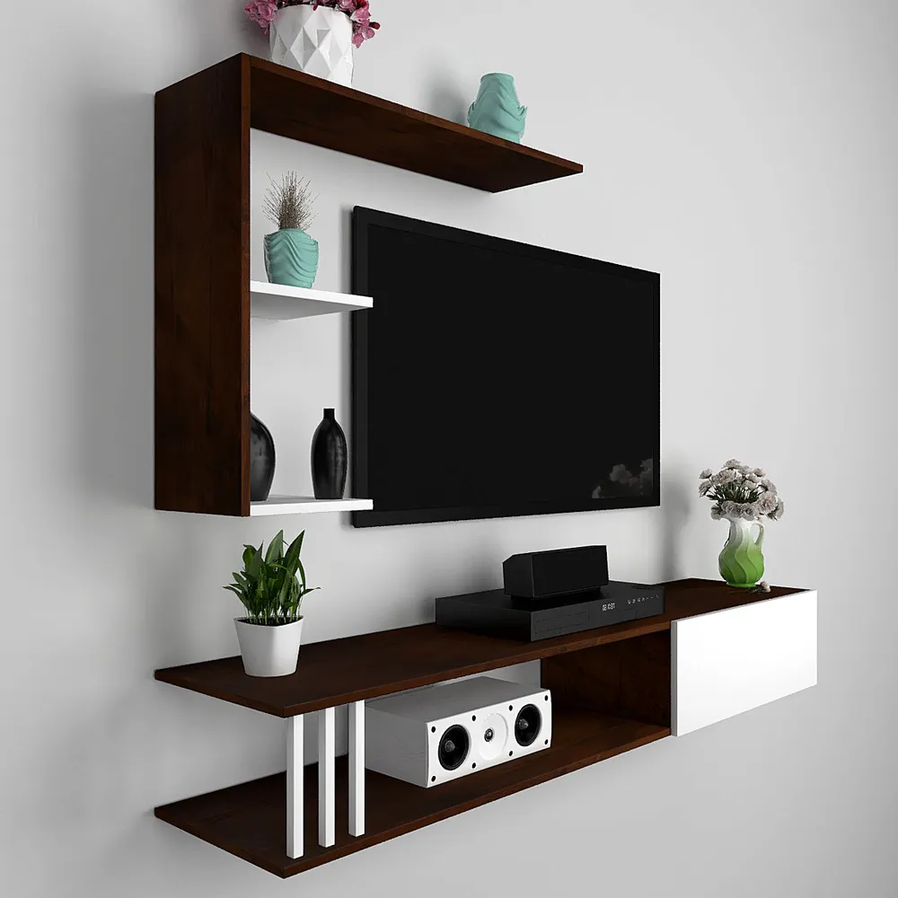 Luxurious African Oak Walnut & White Shelved Wooden TV Unit