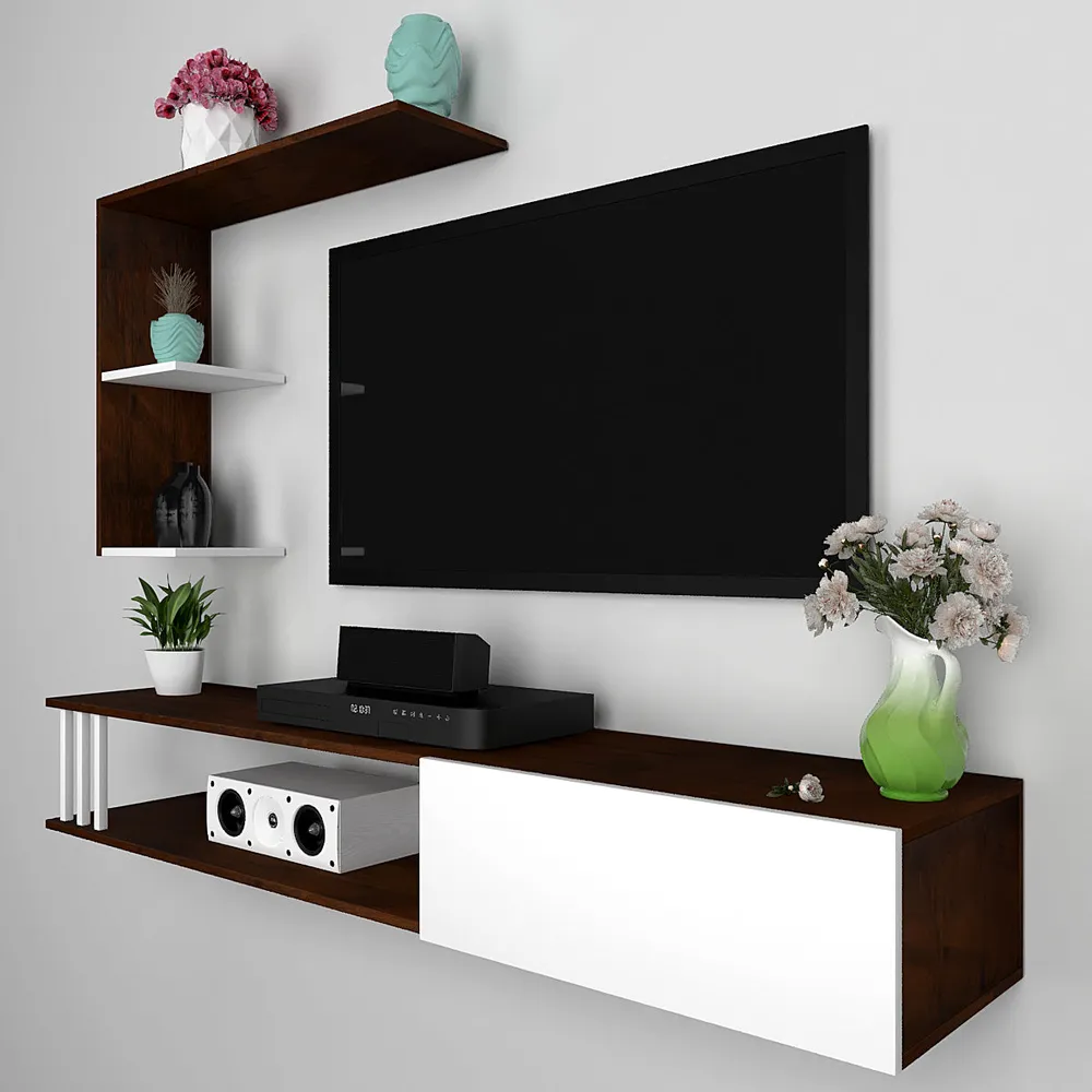 Luxurious African Oak Walnut & White Shelved Wooden TV Unit
