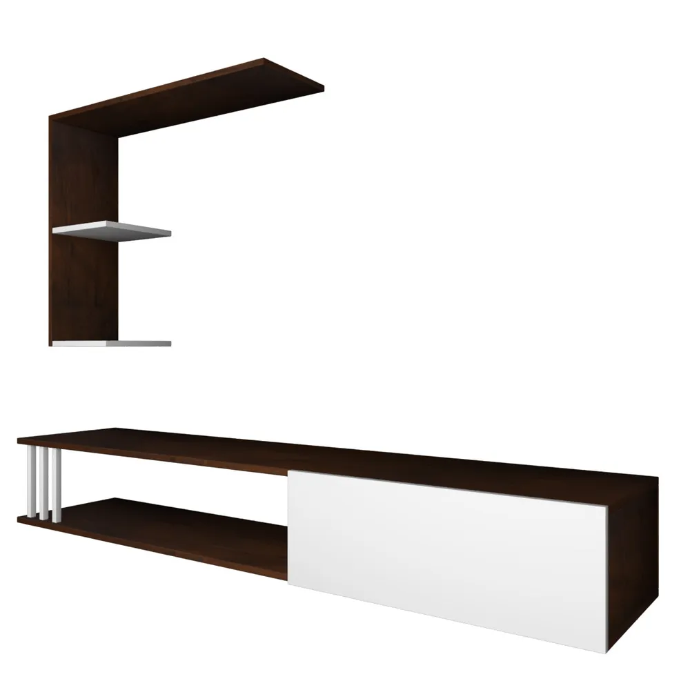 Luxurious African Oak Walnut & White Shelved Wooden TV Unit