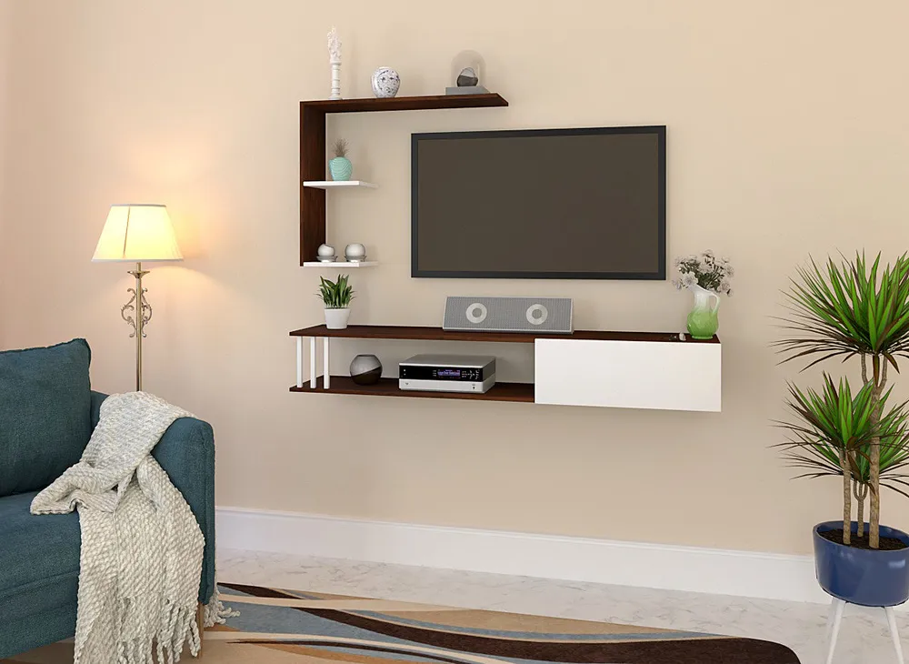 Luxurious African Oak Walnut & White Shelved Wooden TV Unit