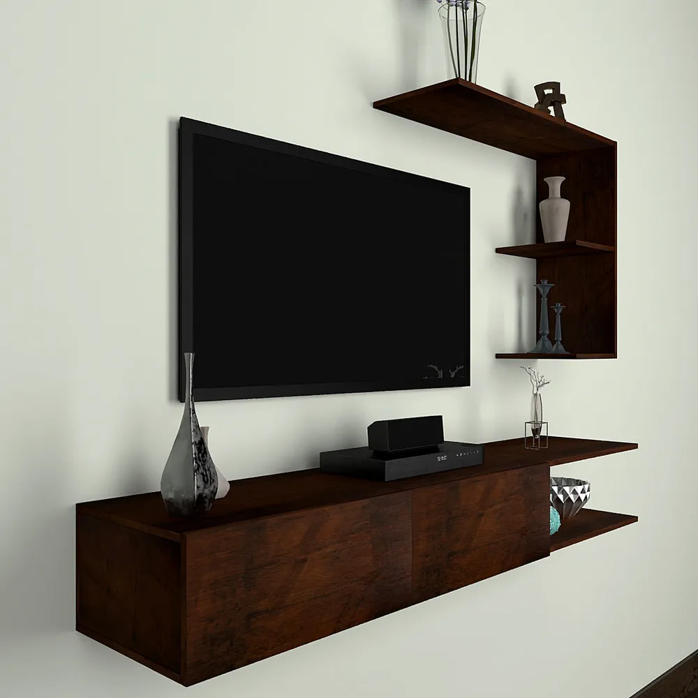 Luxurious Imbuia Natural Walnut Shelved Wooden TV Unit