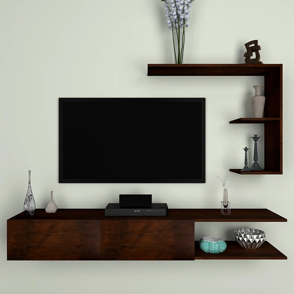 Luxurious Imbuia Natural Walnut Shelved Wooden TV Unit