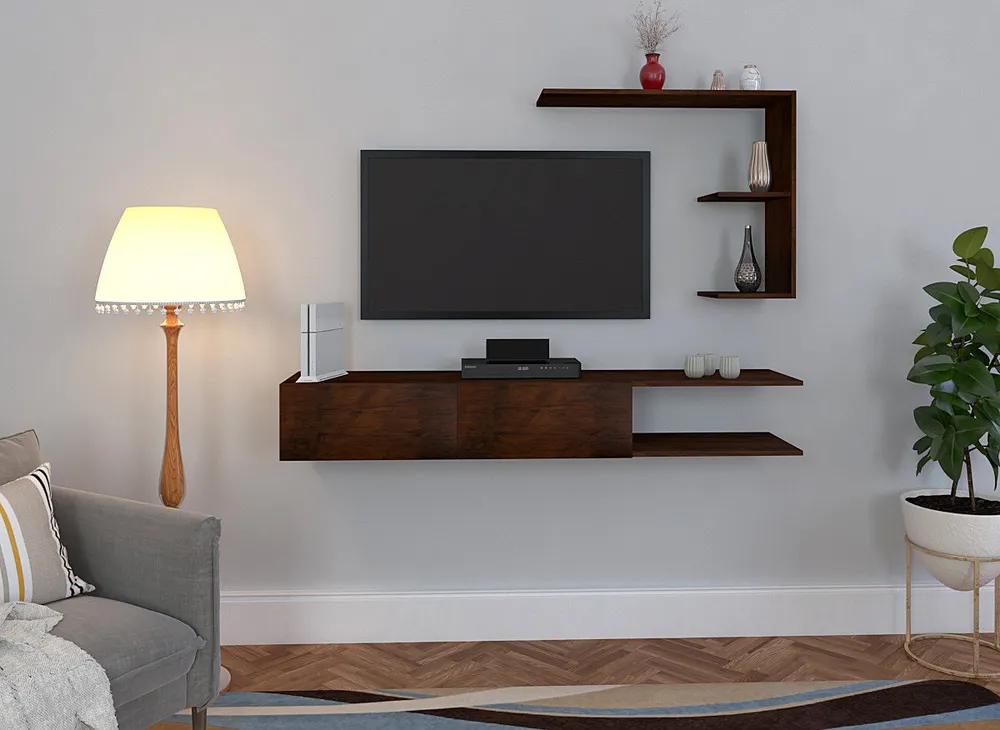 Luxurious Imbuia Natural Walnut Shelved Wooden TV Unit