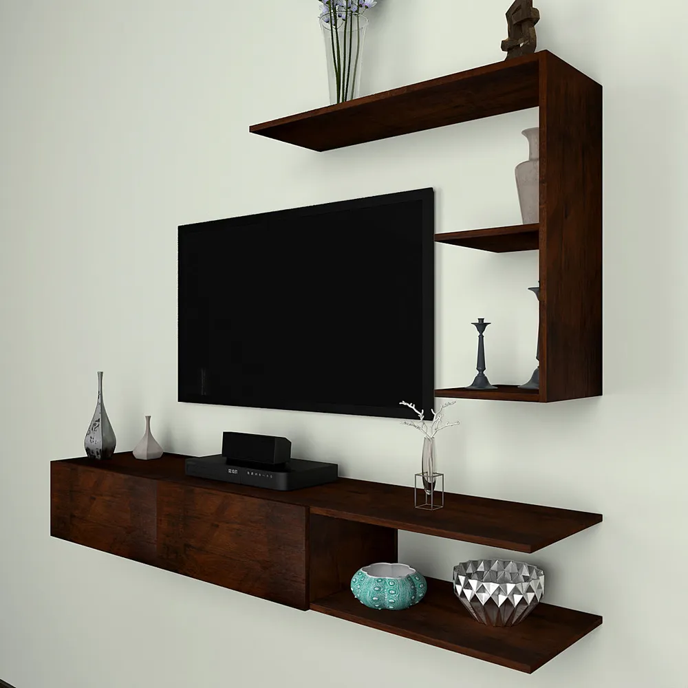 Luxurious Imbuia Natural Walnut Shelved Wooden TV Unit