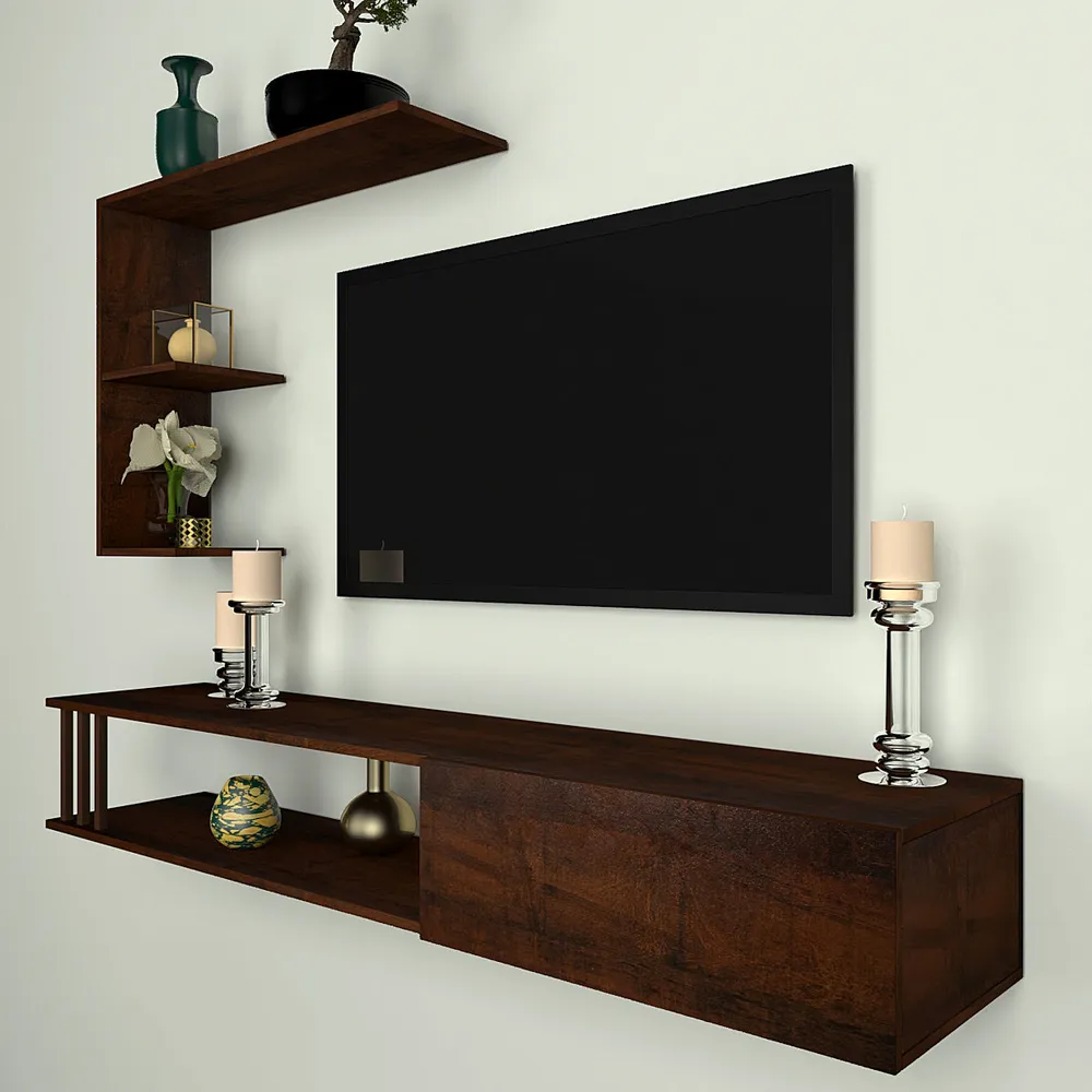 Luxurious Imbuia Walnut Shelved Wooden TV Unit