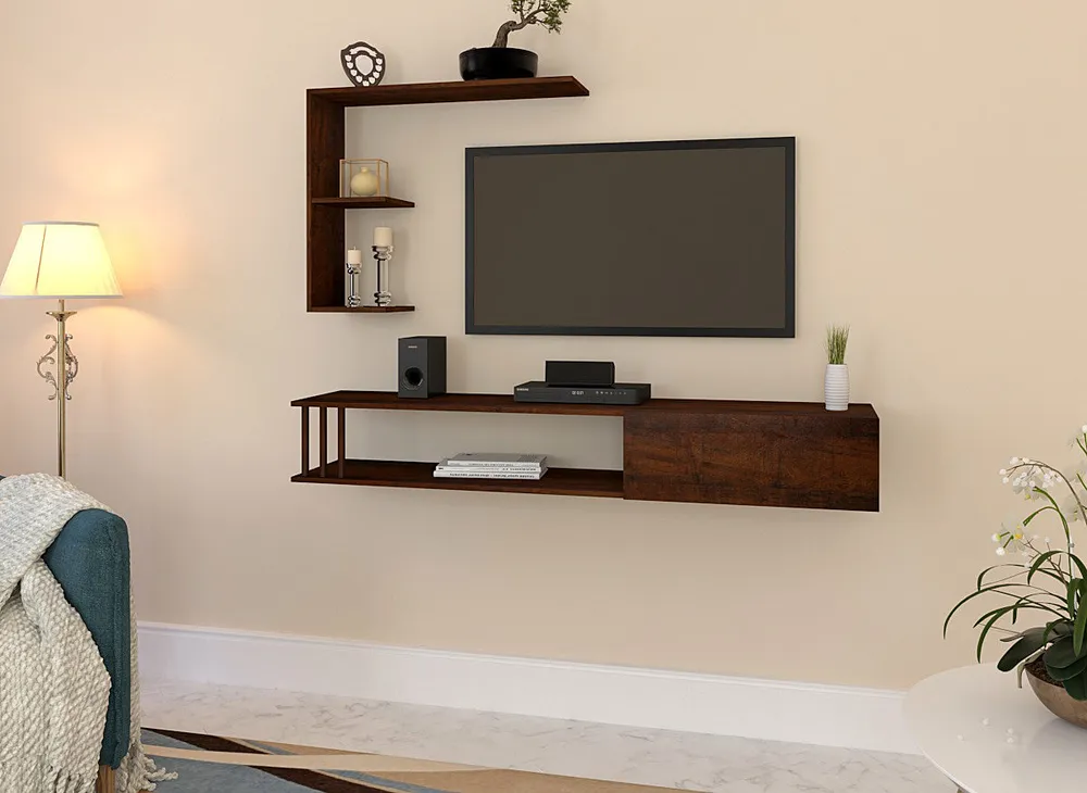 Luxurious Imbuia Walnut Shelved Wooden TV Unit
