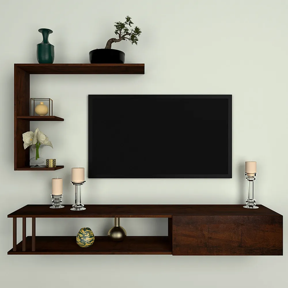 Luxurious Imbuia Walnut Shelved Wooden TV Unit