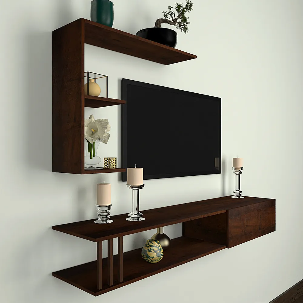 Luxurious Imbuia Walnut Shelved Wooden TV Unit