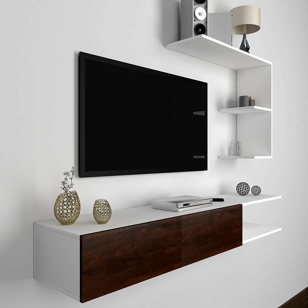 Luxurious Imbuia Walnut & White Wooden TV Unit
