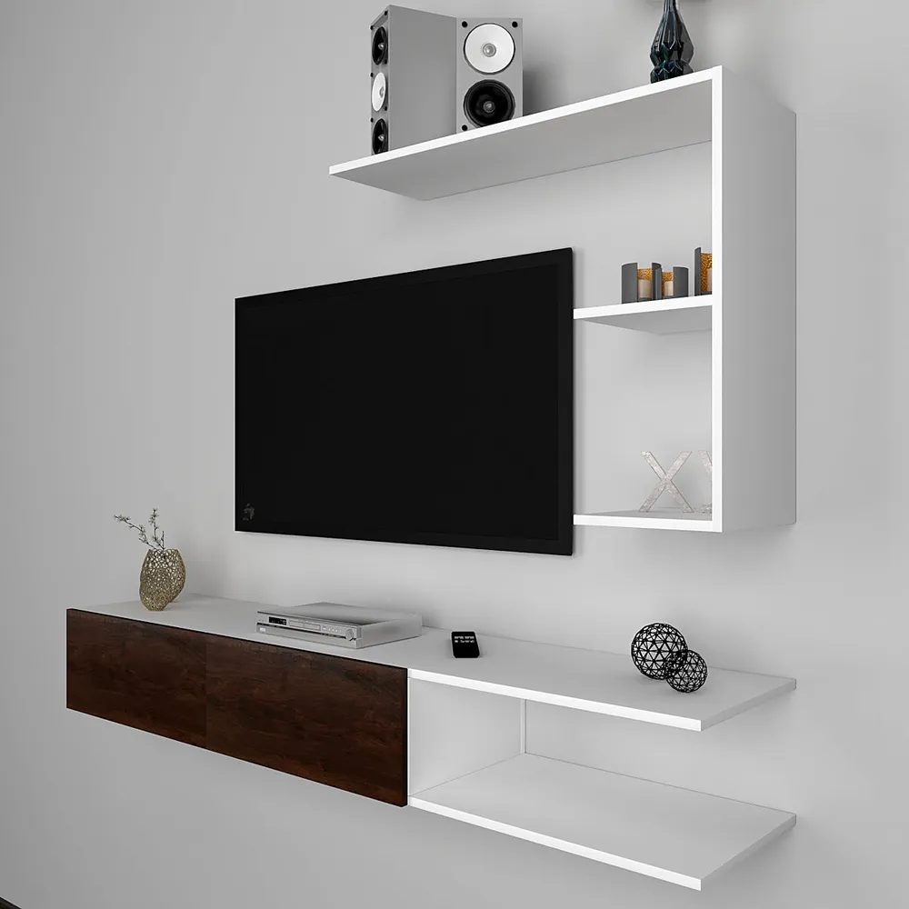 Luxurious Imbuia Walnut & White Wooden TV Unit