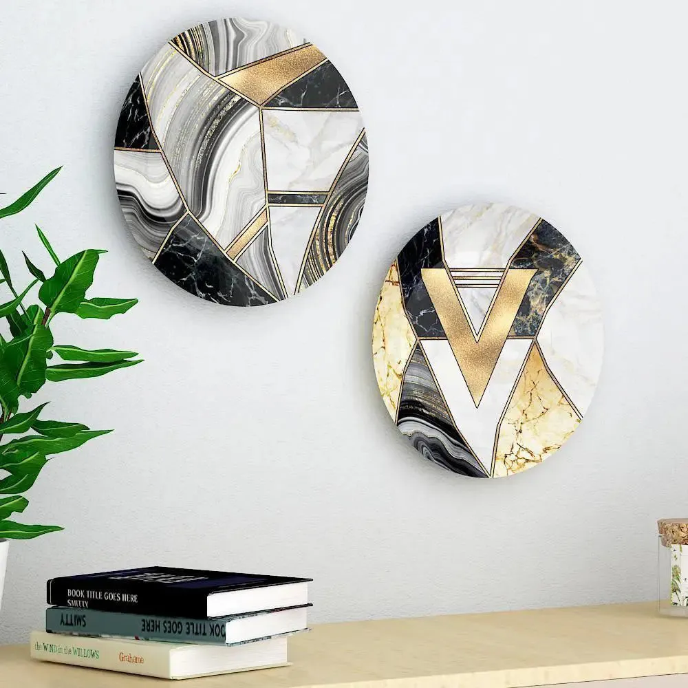 Luxury Ceramic Wall Plates With Marble Texture Geometric Art, Wall Hanging.