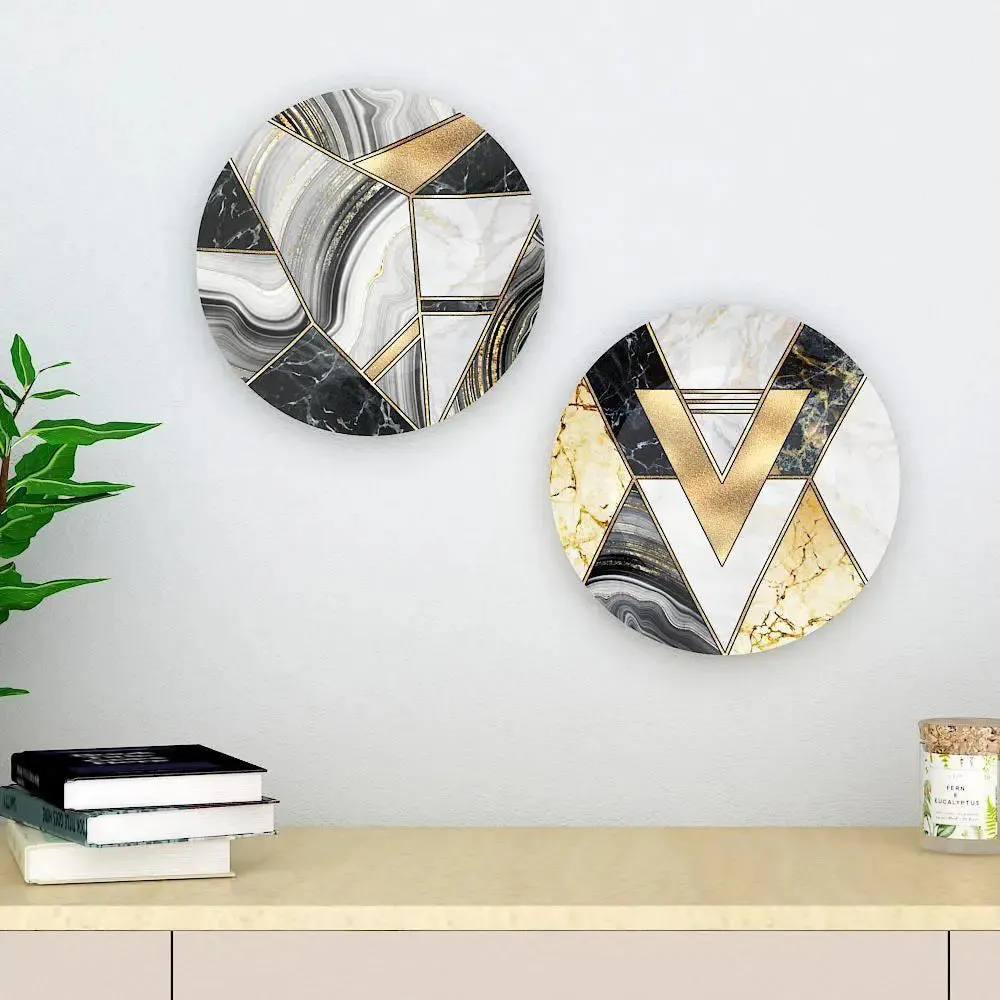 Luxury Ceramic Wall Plates With Marble Texture Geometric Art, Wall Hanging.