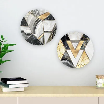 Luxury Ceramic Wall Plates With Marble Texture Geometric Art, Wall Hanging.