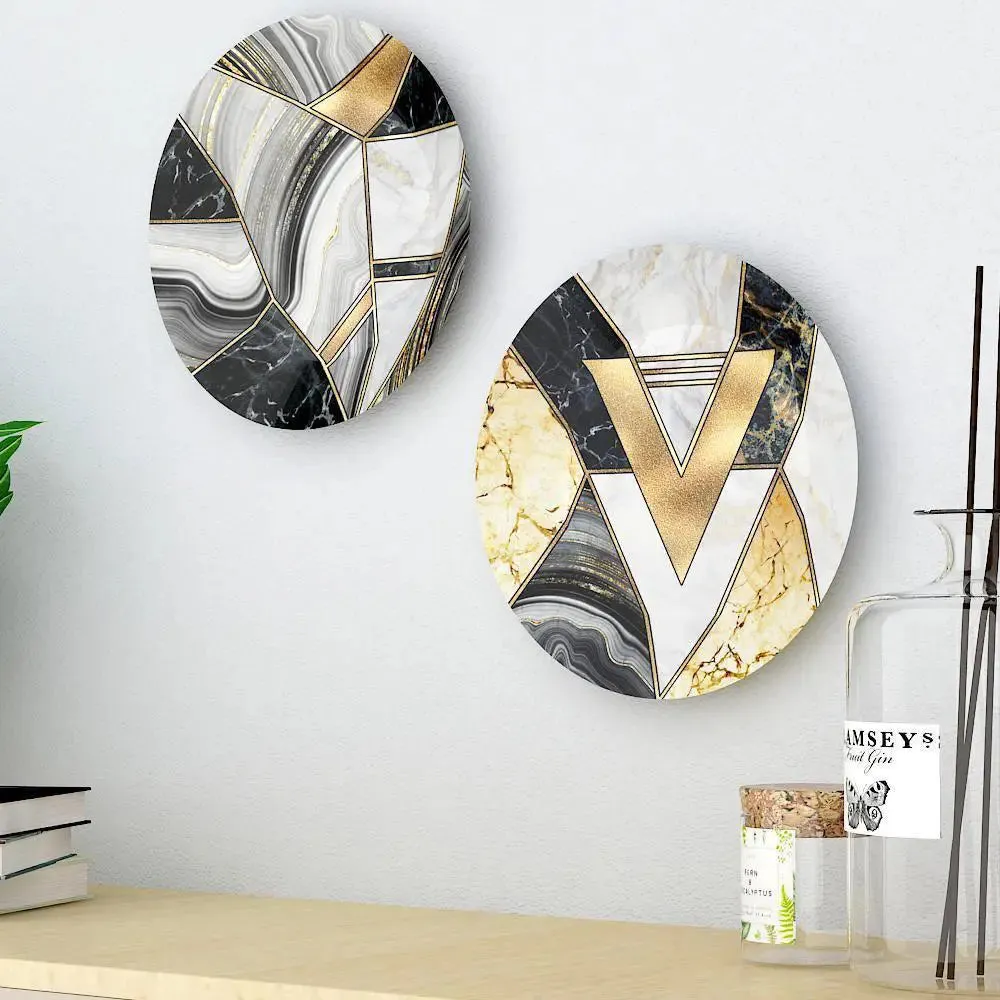 Luxury Ceramic Wall Plates With Marble Texture Geometric Art, Wall Hanging.