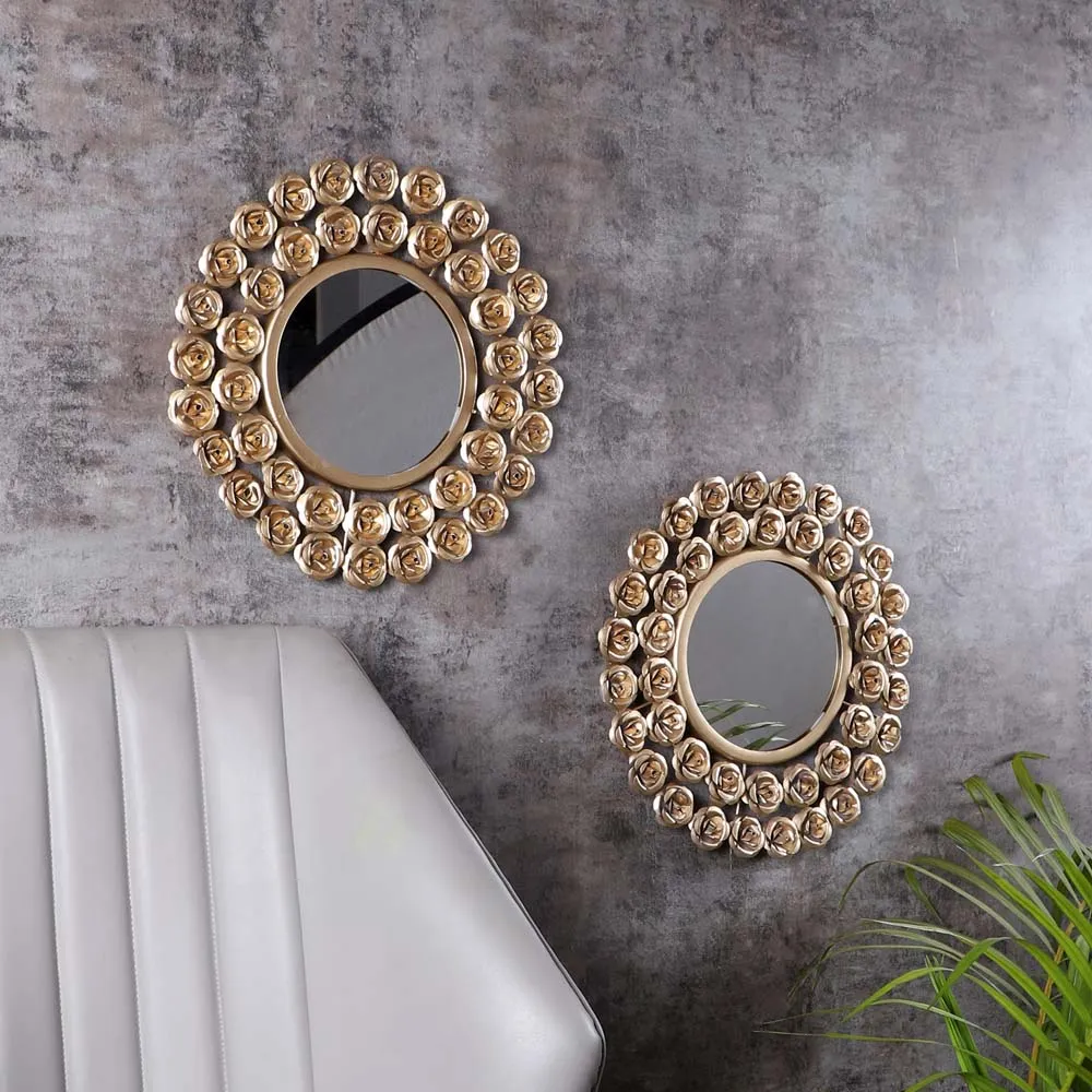 Luxury Golden Floral Edge Decorative Mirror Wall Decor Set Of 2