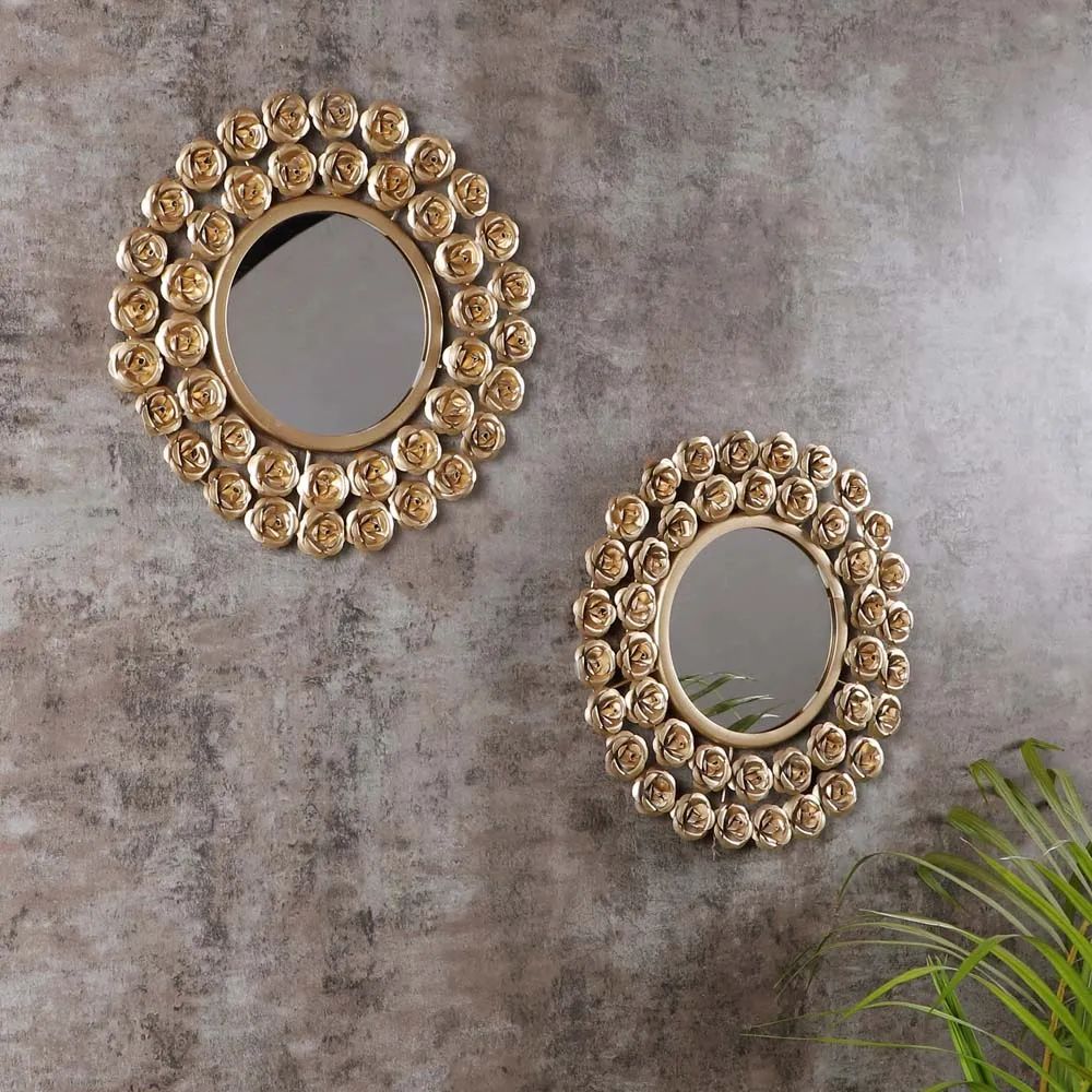 Luxury Golden Floral Edge Decorative Mirror Wall Decor Set Of 2