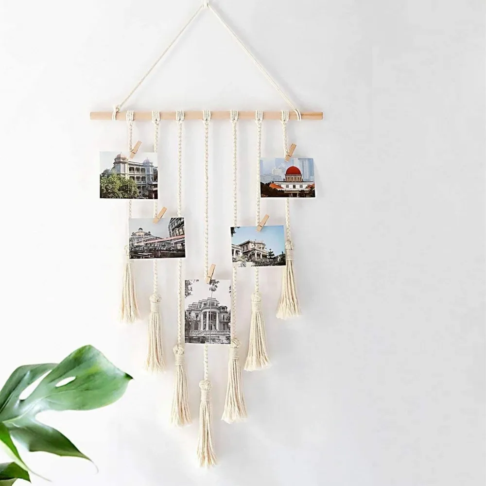 Macrame Fringed Boho Photo Holder With 10 Wooden Clips