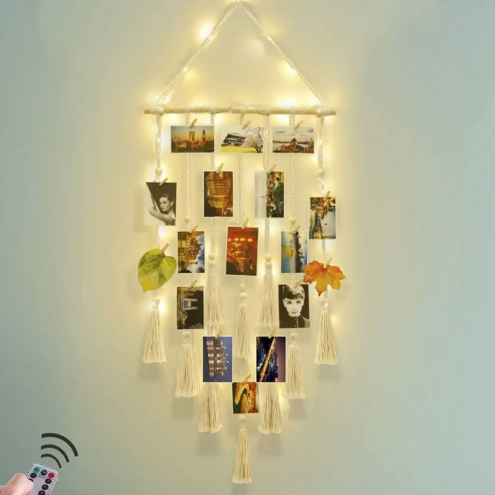 Macrame Fringed Boho Photo Holder With 20 Wooden Clips & Fairy LED String Lights