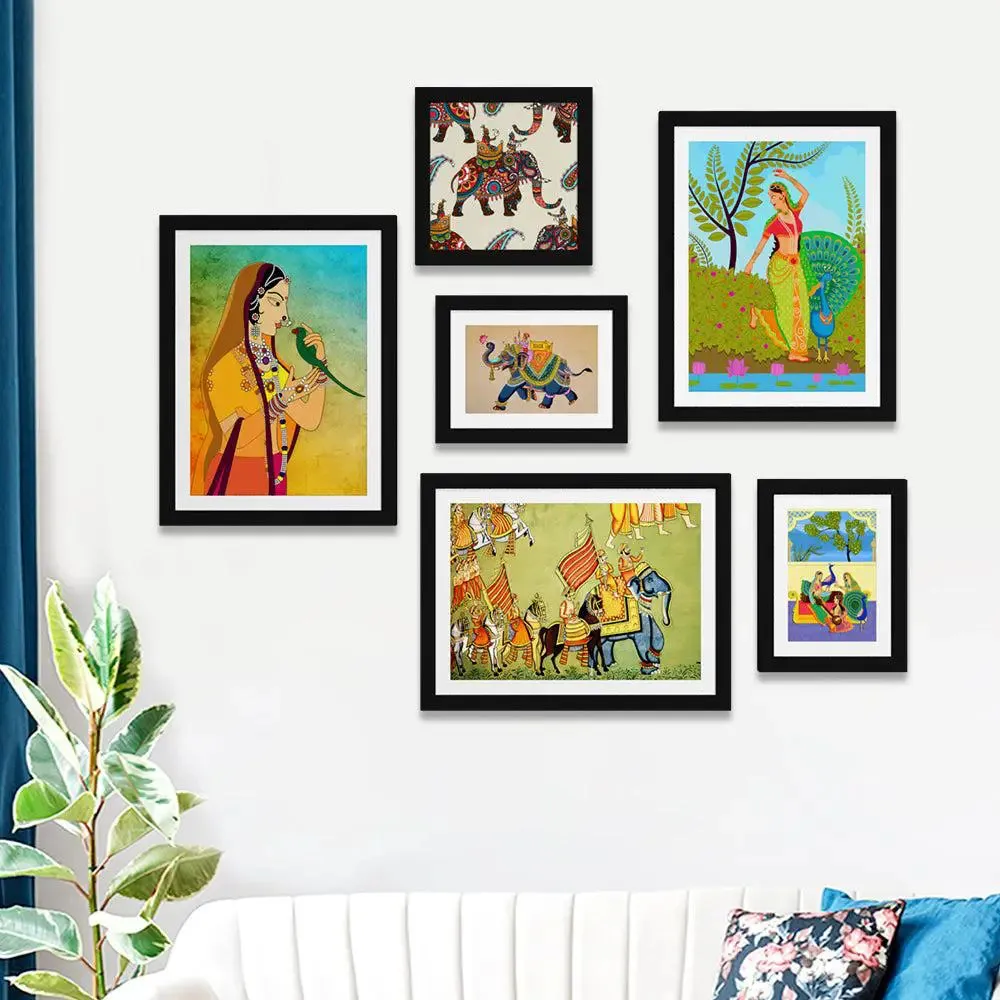 Madhubani Art Collage Picture Wall Frame Set of 6
