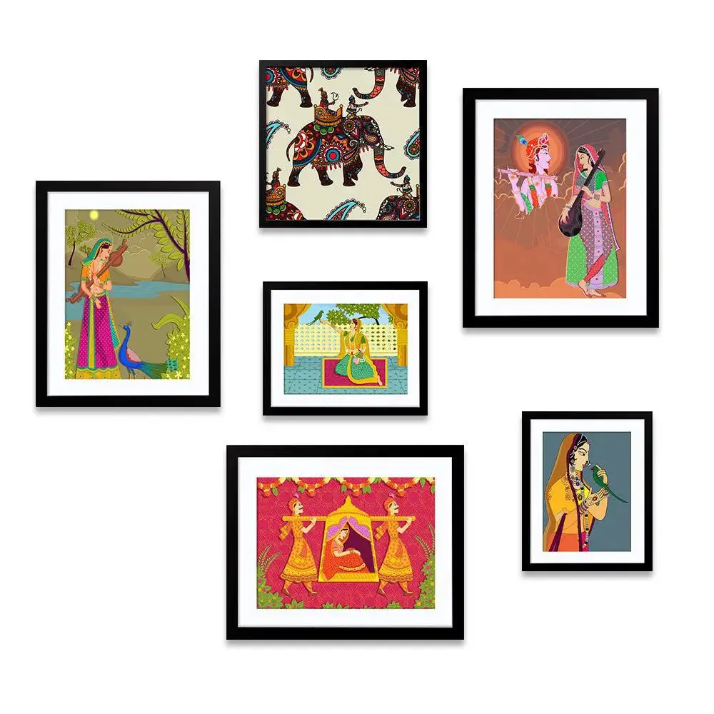 Madhubani Folk Art Collage Picture Wall Frame Set of 6