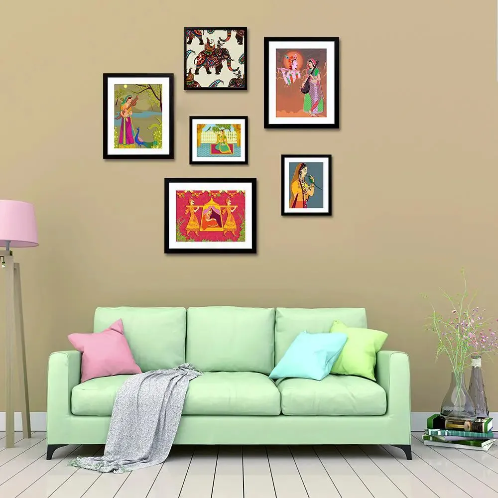 Madhubani Folk Art Collage Picture Wall Frame Set of 6