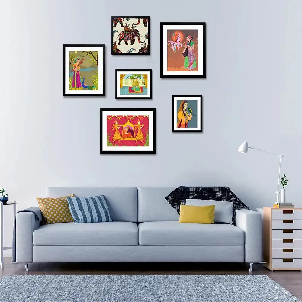 Madhubani Folk Art Collage Picture Wall Frame Set of 6