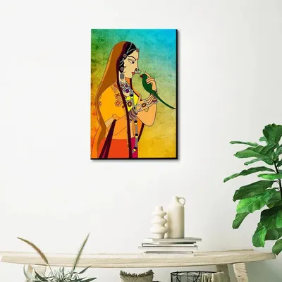 Madhubani Painting / Canvas Print Stretched on Wood Bars 61 x 41cm