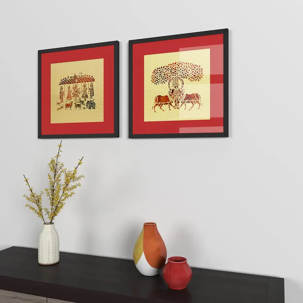 Madhubani Painting / Lord Krishna Painting with Frame - Set of 2 - Lord Krishna Artwork / Black Frame