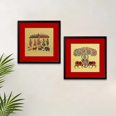 Madhubani Painting / Lord Krishna Painting with Frame - Set of 2 - Lord Krishna Artwork / Black Frame