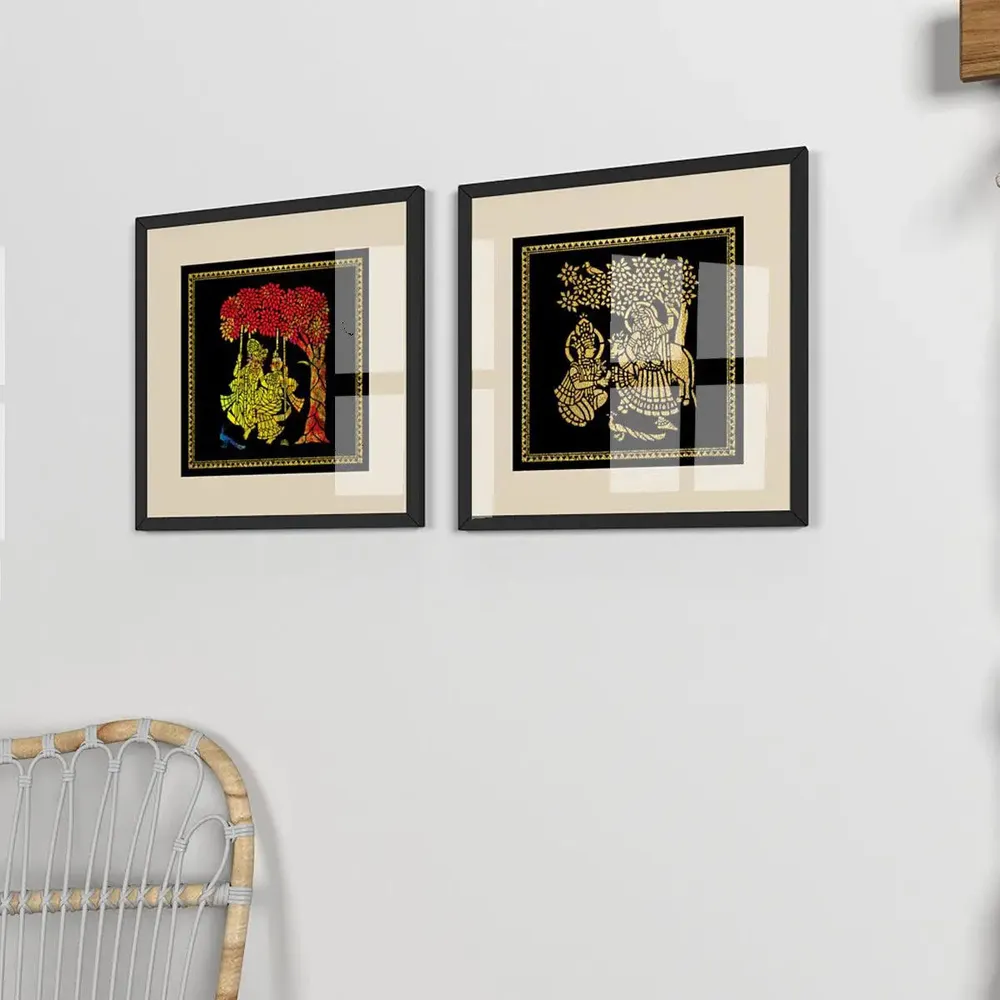 Madhubani Painting / Radha Krishna Painting with Set of 2  Black Frame