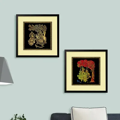 Madhubani Painting / Radha Krishna Painting with Set of 2  Black Frame