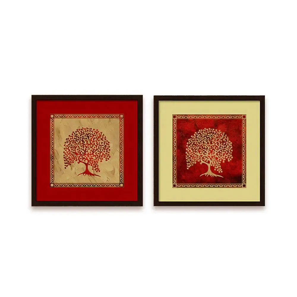 Madhubani  Painting with Frame - Set of 2 - Trees Art / Dark Brown Wood Texture Frame
