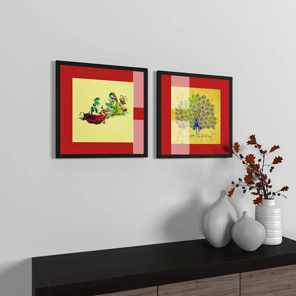 Madhubani Painting"Radha Krishna Love" and Peacock Painting with Frame - Set of 2 - Lord Krishna Artwork / Black Frame