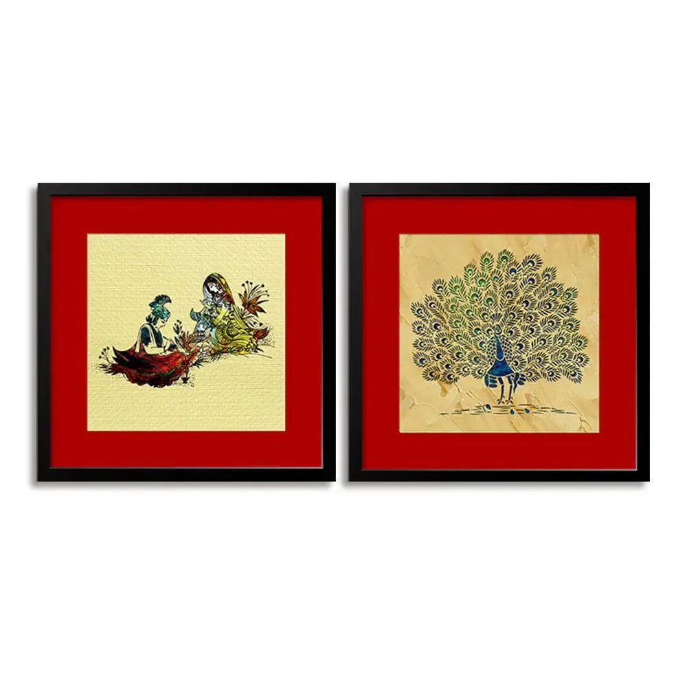 Madhubani Painting"Radha Krishna Love" and Peacock Painting with Frame - Set of 2 - Lord Krishna Artwork / Black Frame