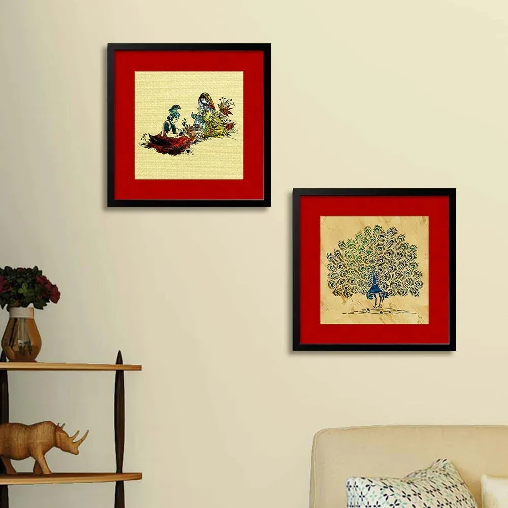Madhubani Painting"Radha Krishna Love" and Peacock Painting with Frame - Set of 2 - Lord Krishna Artwork / Black Frame