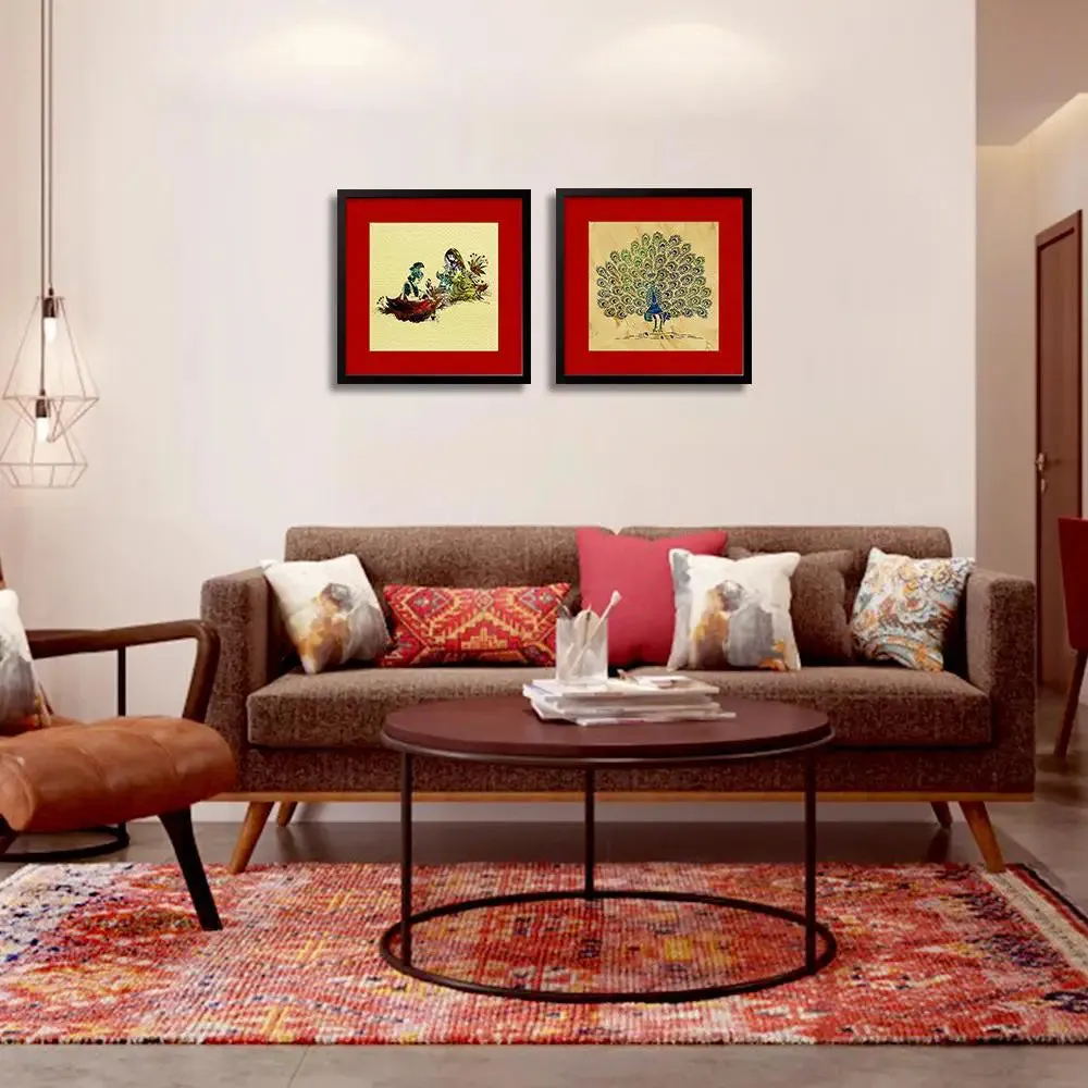 Madhubani Painting"Radha Krishna Love" and Peacock Painting with Frame - Set of 2 - Lord Krishna Artwork / Black Frame