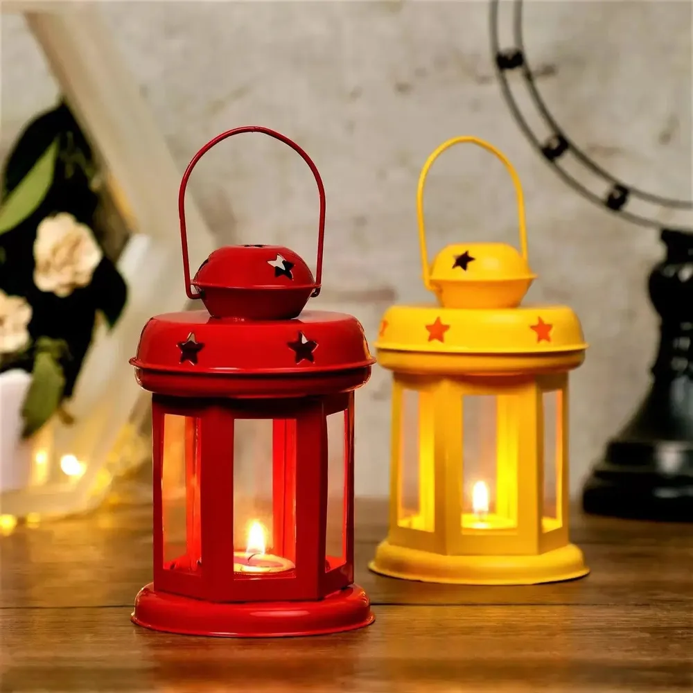Magnificient Uplifting Multicolor Set Of 2 Lantern Candle Holder