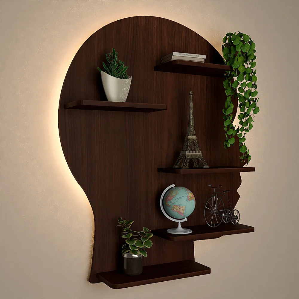 Man Backlit Wood Wall Shelf / Book Shelf, Walnut Finish Regular ( 27 inches x 32 inches )