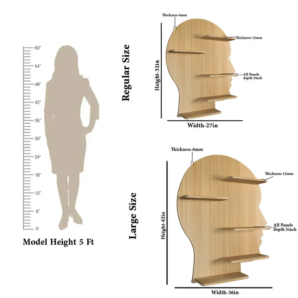 Man Face Backlit Wooden Wall Shelf / Book Shelves / Night Light, Light Oak Finish Regular ( 27 inches x 32 inches )