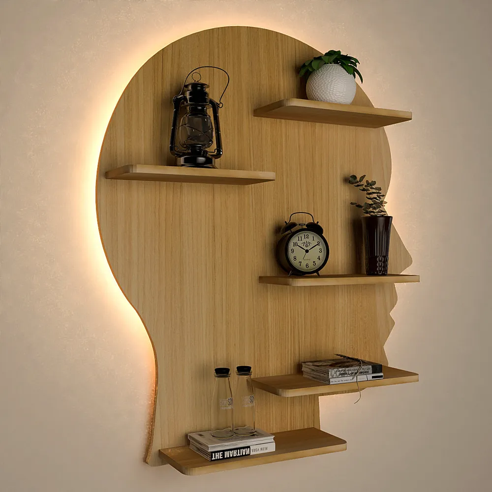 Man Face Backlit Wooden Wall Shelf / Book Shelves / Night Light, Light Oak Finish Regular ( 27 inches x 32 inches )